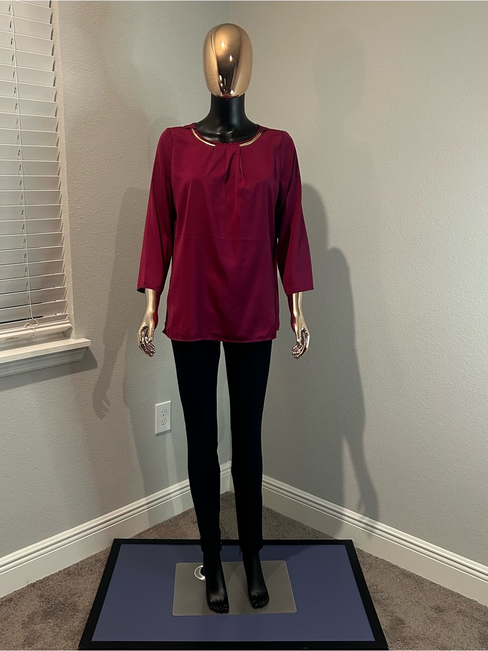 Womens Wine Red Long-Sleeve Blouse - Elegant Neck Detail